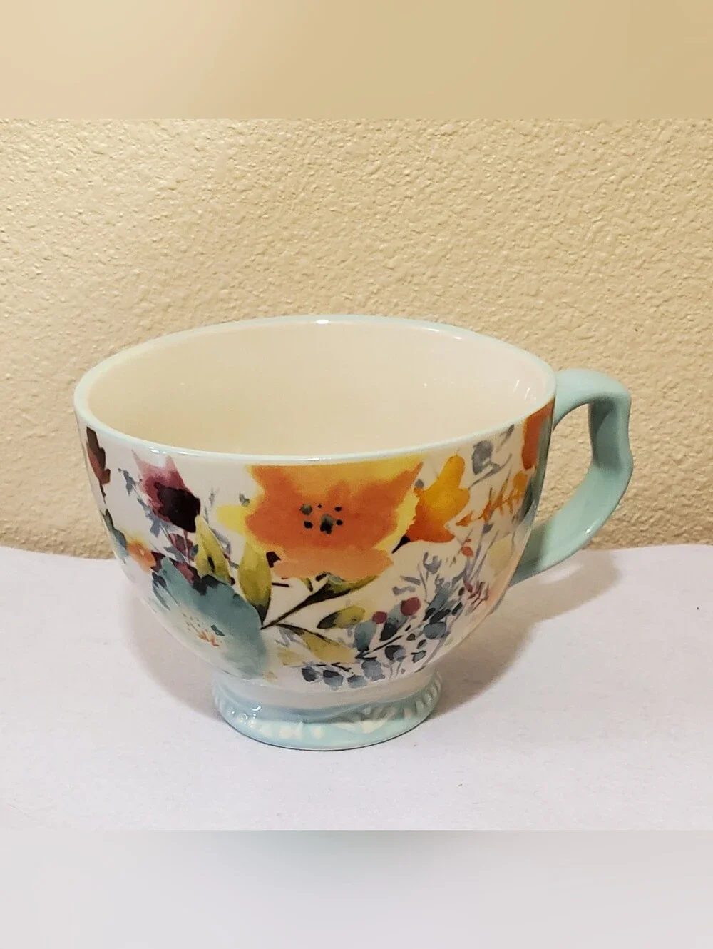 The Pioneer Woman Floral Ceramic - Cup-Soup-Mug Aqua Handle 27oz.